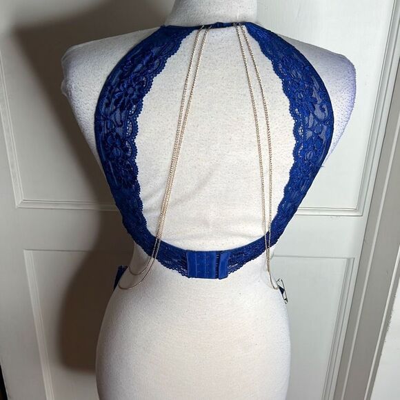 Dreamgirl Blue Lace Halter Bralette & Panty Set gold chain detail Size Small - Picture 5 of 5